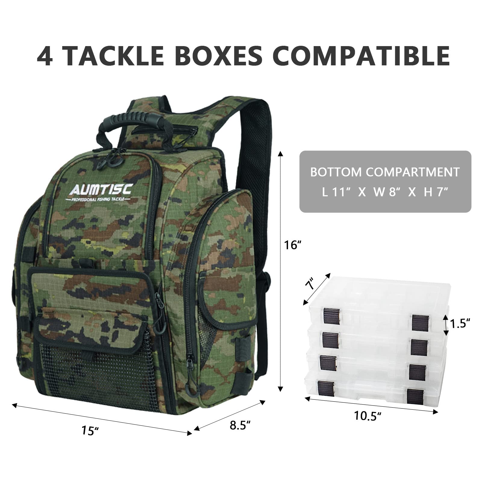 AUMTISC Fishing Tackle Backpack with 4 Tackle Boxes(1582D)