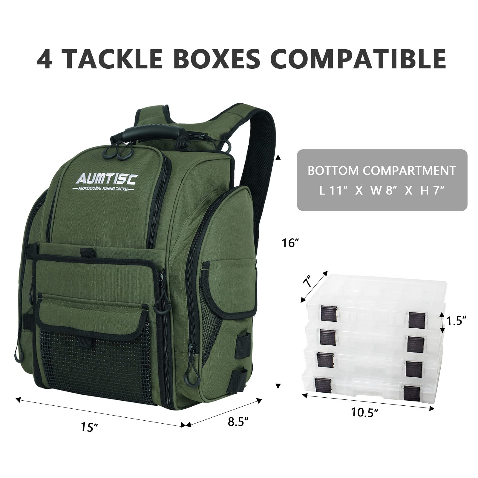 AUMTISC Fishing Tackle Backpack with 4 Tackle Boxes(1582D)