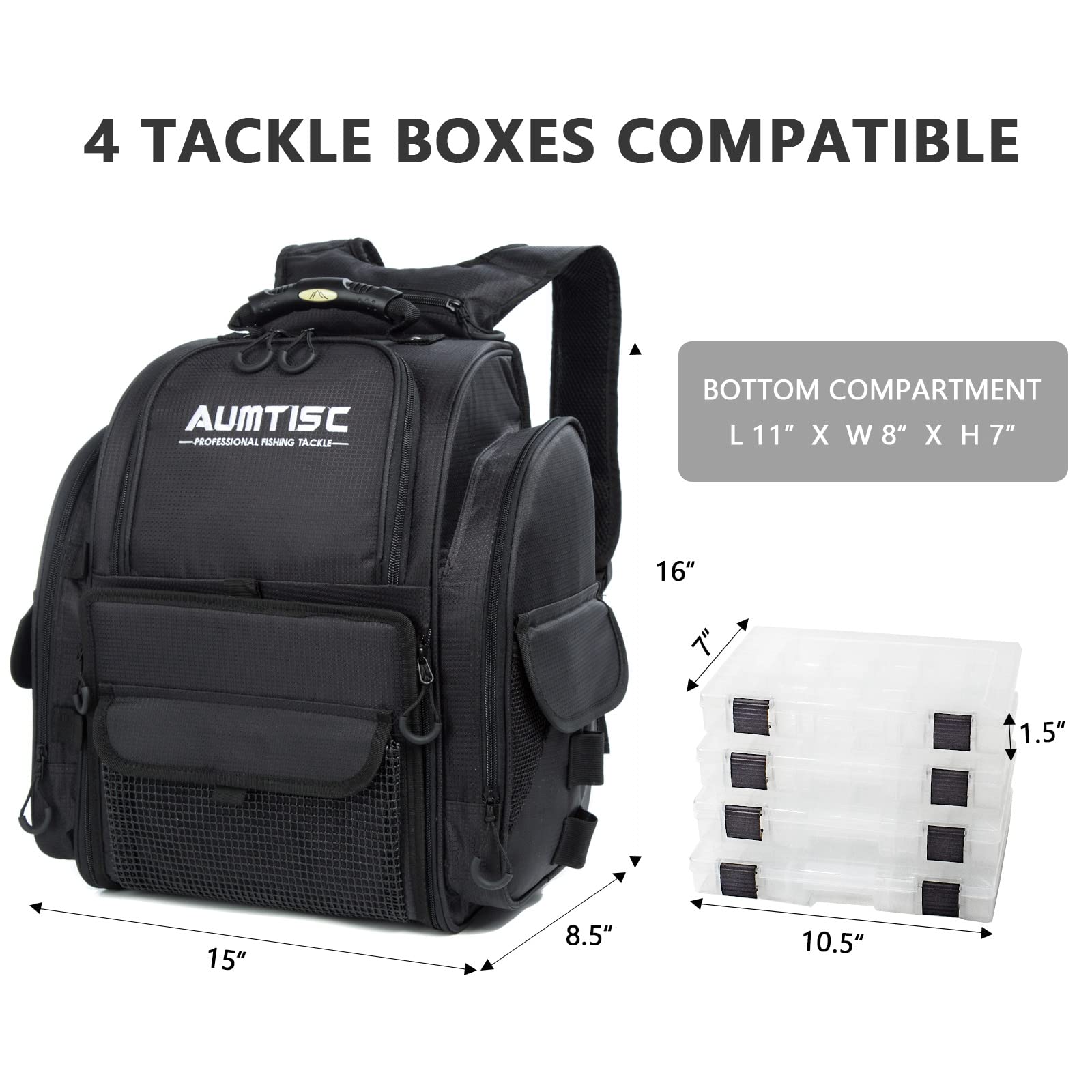 AUMTISC Fishing Tackle Backpack with 4 Tackle Boxes(1582D)