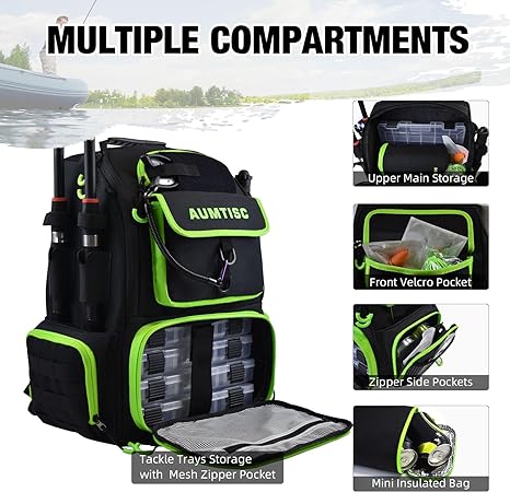 AUMTISC Fishing Tackle Backpack with Rod Holders, 4 Tackle Boxes(1852)