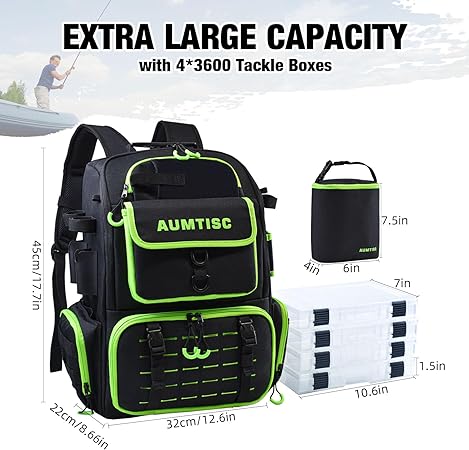 AUMTISC Fishing Tackle Backpack with Rod Holders, 4 Tackle Boxes(1852)