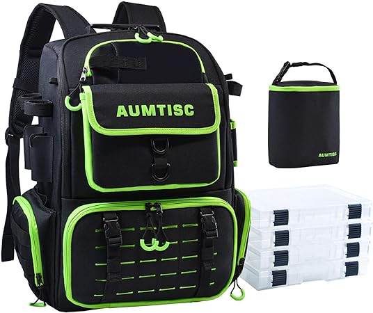 AUMTISC Fishing Tackle Backpack with Rod Holders, 4 Tackle Boxes(1852)