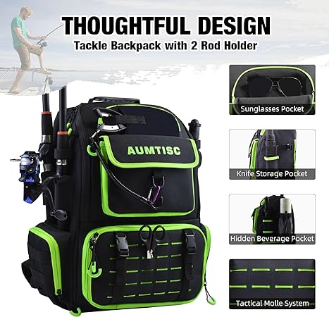 AUMTISC Fishing Tackle Backpack with Rod Holders, 4 Tackle Boxes(1852)